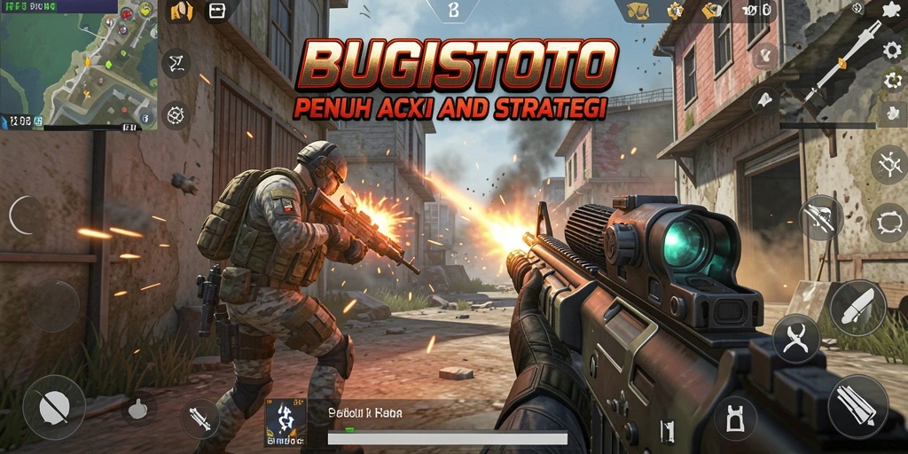Tangkapan layar gameplay intens dari BUGISTOTO, menampilkan aksi pertempuran FPS yang mendebarkan.