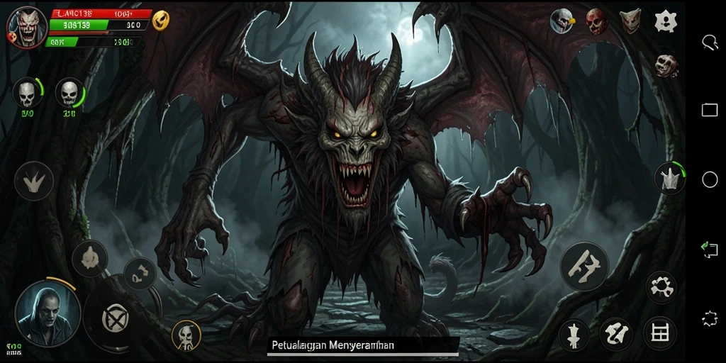Screenshot menampilkan gameplay horor yang mencekam dan menegangkan.