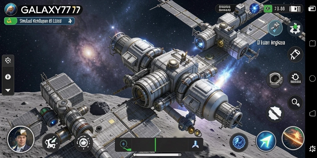 Tangkapan layar GALAXY77 menampilkan aksi eksplorasi luar angkasa yang seru.