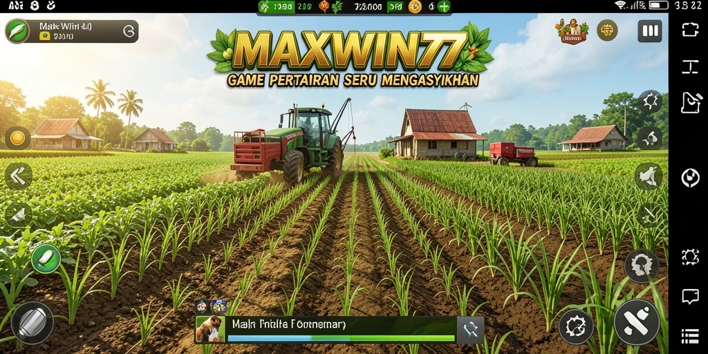 Screenshot gameplay <strong>MAXWIN77</strong> menampilkan ladang hijau yang penuh dengan tanaman dan hewan.