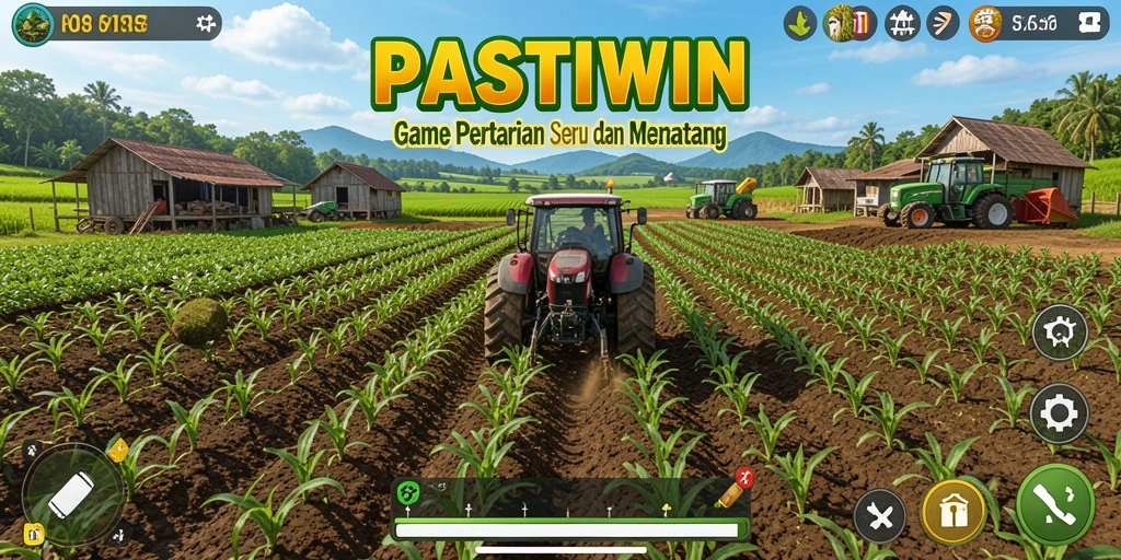 Screenshot permainan PASTIWIN dengan tampilan ladang hijau dan tanaman siap panen.