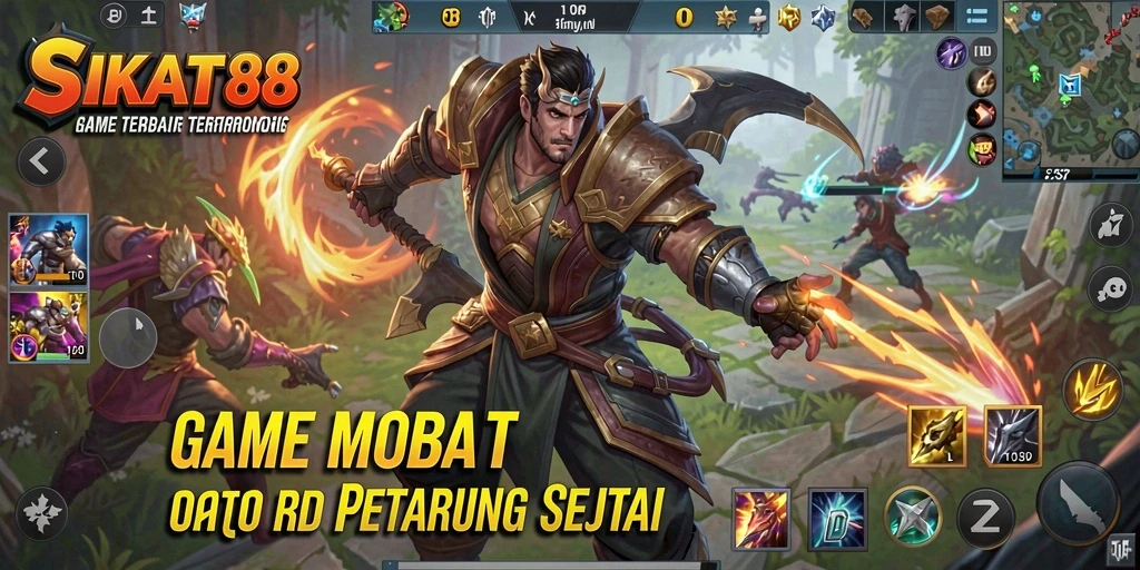 Tangkapan layar utama SIKAT88 menampilkan aksi pertempuran seru di arena MOBA.
