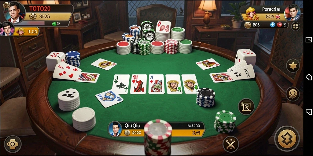 Menampilkan momen seru dalam permainan QiuQiu TOTO20.