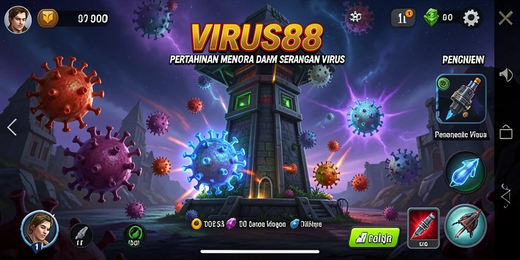 Tampilan gameplay <strong>VIRUS88</strong> menara menghadapi serangan virus.